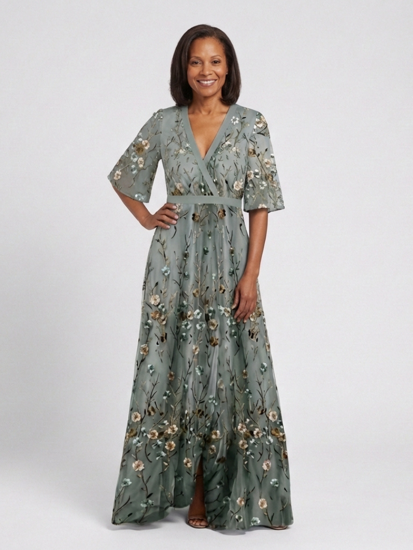 Embroidered Mesh Maxi Dress