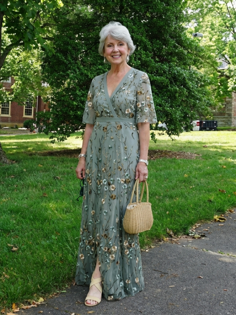 Embroidered Mesh Maxi Dress