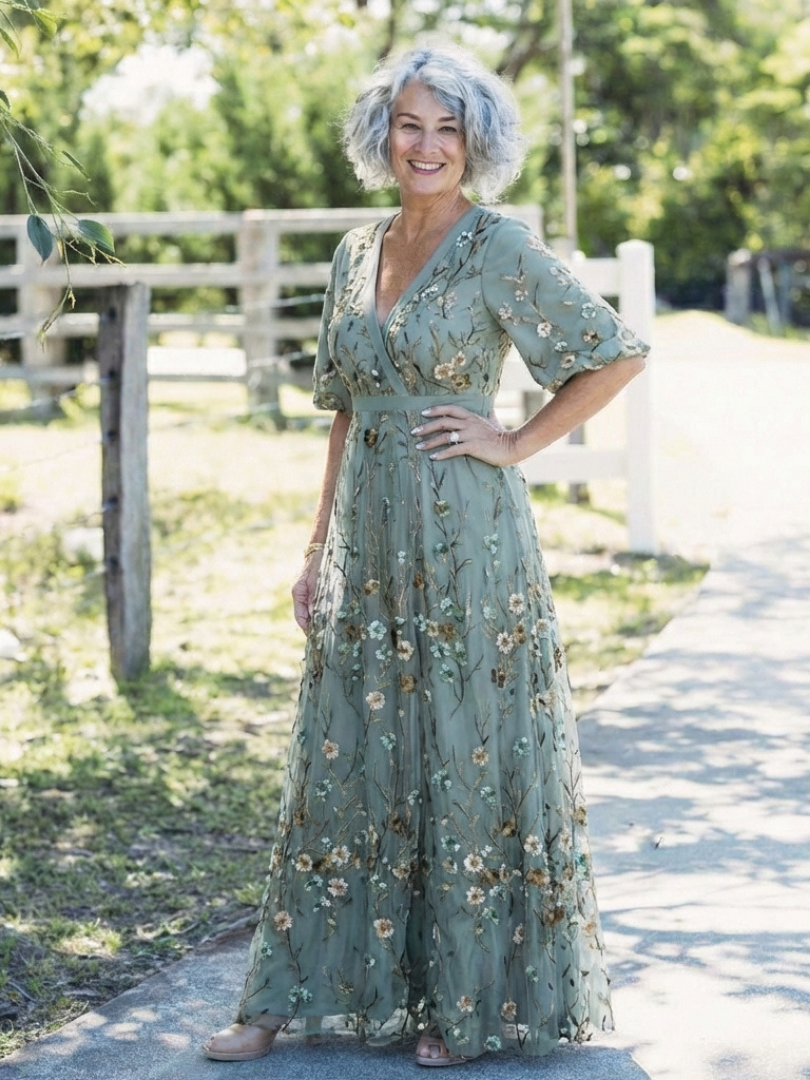 Embroidered Mesh Maxi Dress