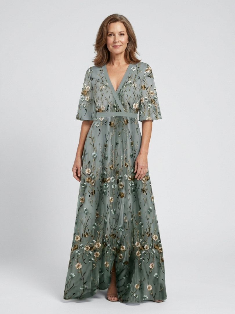 Embroidered Mesh Maxi Dress